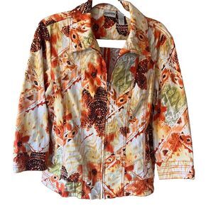 Chico's Women's Size 2 Stretch ZipUp Denim Jacket Earthtones Orange Autumn EUC M